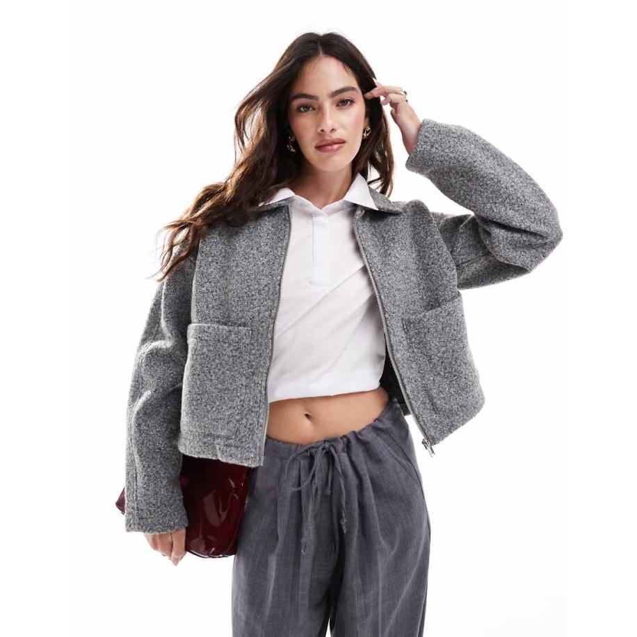 Vila Bomberjack met wollook met rits in medium gemêleerd grijs Grijs