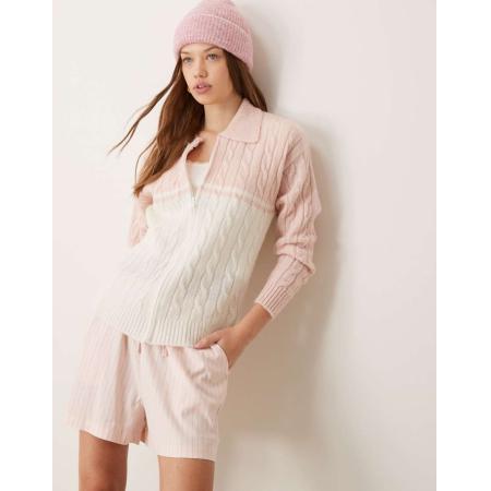 ASOS DESIGN Kabelgebreide trui met rits in roze en ecru