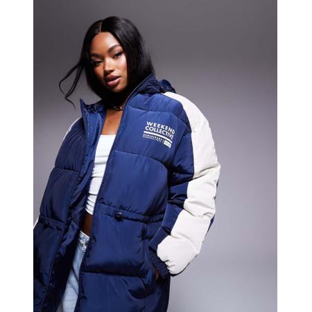 Weekend Collective Gewatteerde jas met trekkoord in de taille en logo in marineblauw en crème-Veelkleurig