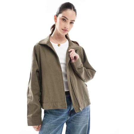 ASOS DESIGN Oversized jack van keperstof met opstaande boord in donker olijfgroen
