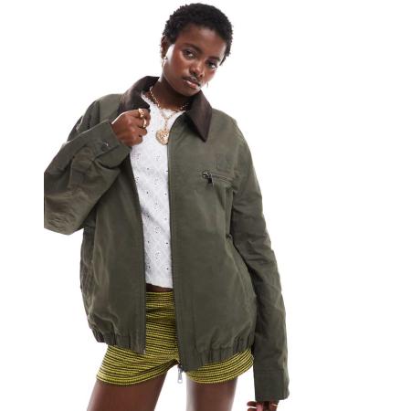 COLLUSION Gewaxt jack met kraag van corduroy in kaki-Groen