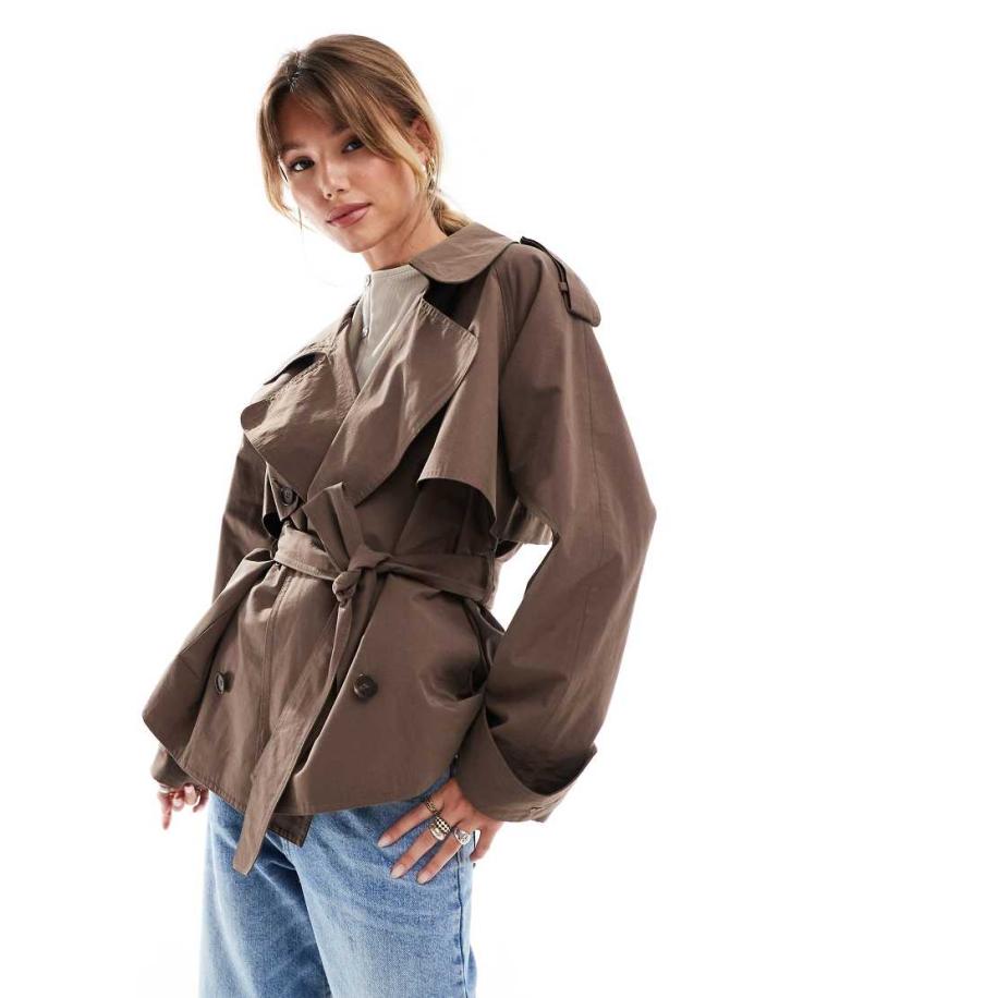 ASOS DESIGN Oversized korte trenchcoat met riem in bruin-Zwart Zwart