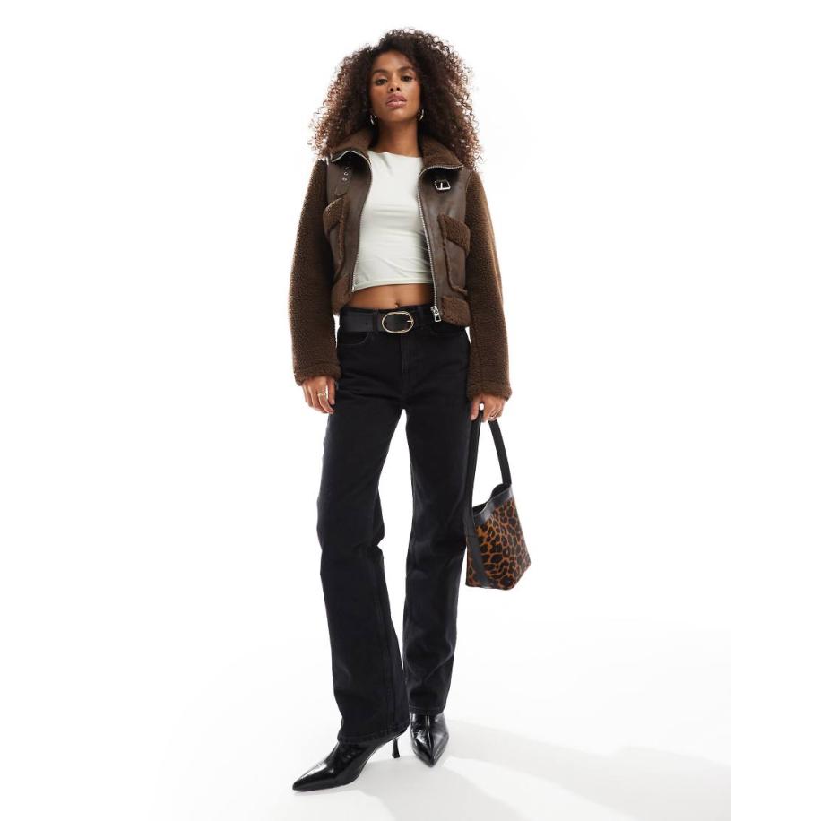 Bershka Recht jack met contrasterende details in ecru en bruin Bruin