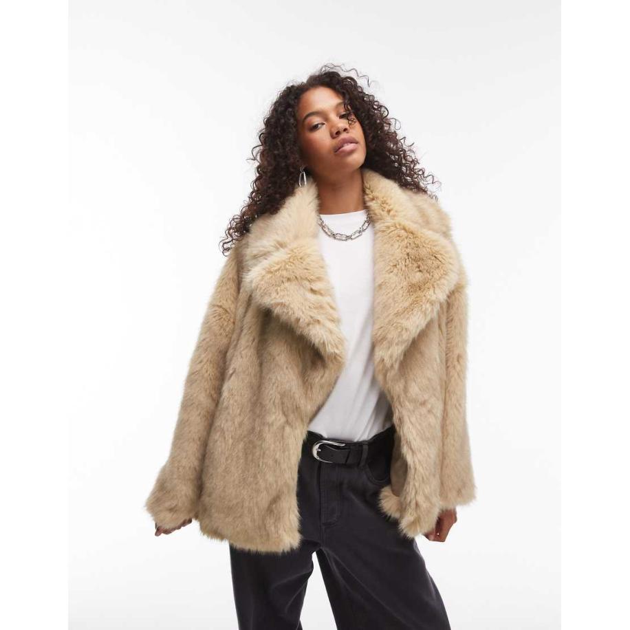 Topshop Middellange jas van imitatiebont in beige-Bruin Bruin