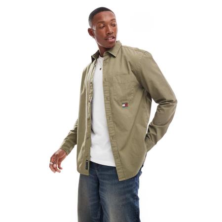 Tommy Jeans - Overhemd met normale pasvorm van keperstof in kaki met wassing-Groen
