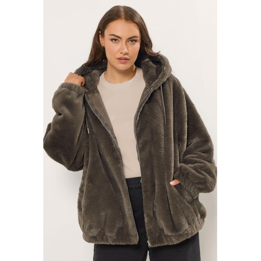 Yours Curve Bruine Jas Met Capuchon Van Imitatiebont Size 58-60 Bruin