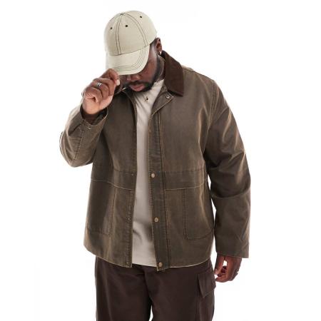 ASOS DESIGN - Oversized Harrington jack met kraag van corduroy in bruin met wassing