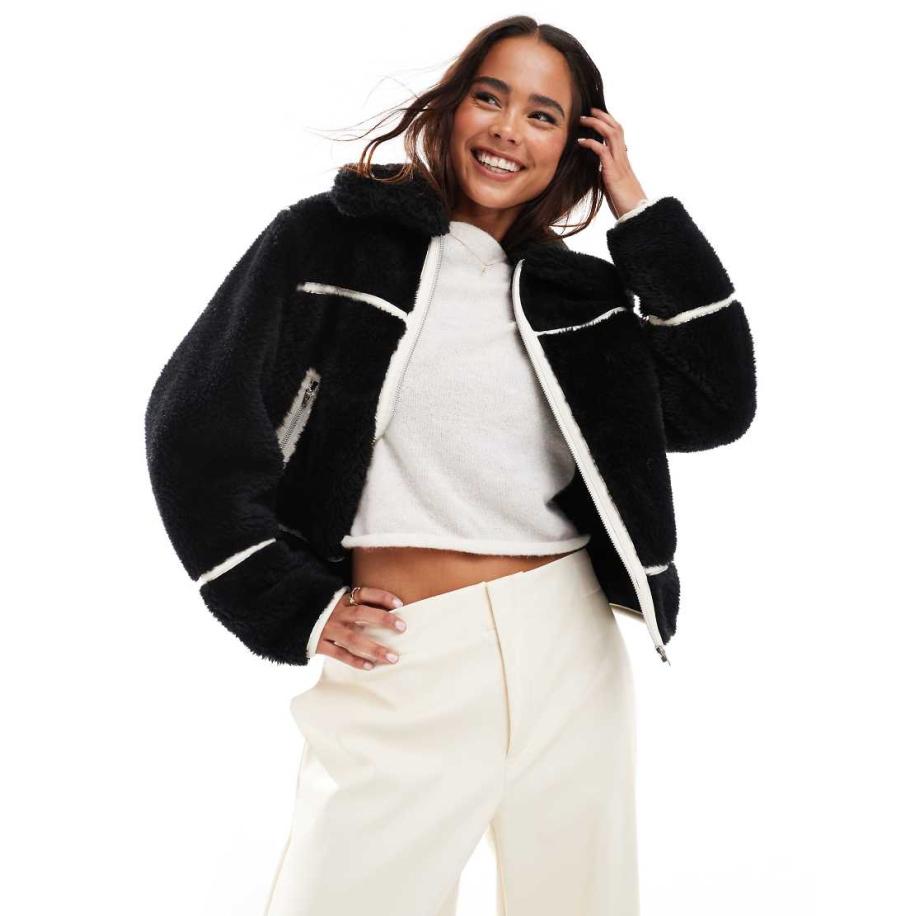 Miss Selfridge Truckerjack van borg met contrasterende details in zwart Zwart