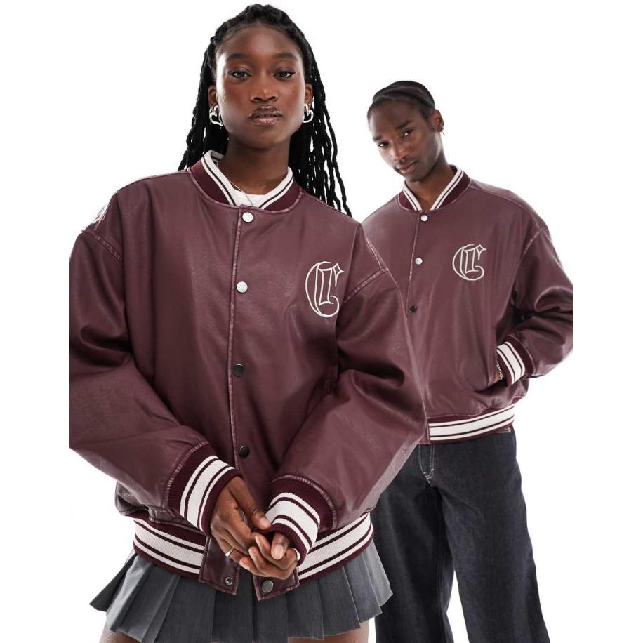 COLLUSION Unisex Bomberjack van imitatieleer in bordeauxrood Rood