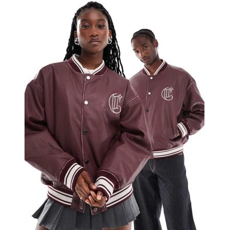 COLLUSION Unisex Bomberjack van imitatieleer in bordeauxrood