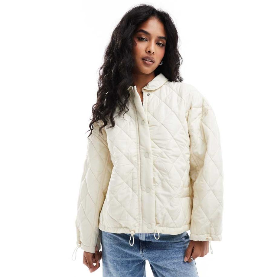 DTT Bomberjack met doorgestikt ruitpatroon in crème-Wit Wit