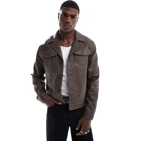 ASOS DESIGN - Harrington jack van imitatieleer met contrasterende stiksels in bruin