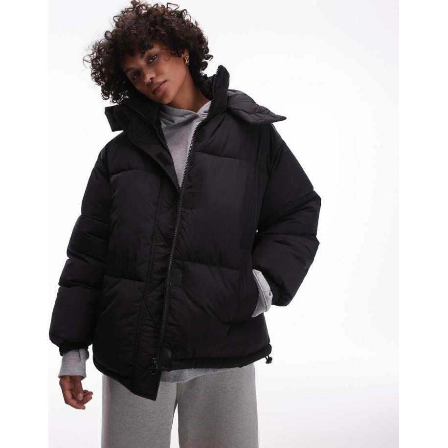 Topshop Gewatteerd jack met capuchon in zwart Zwart
