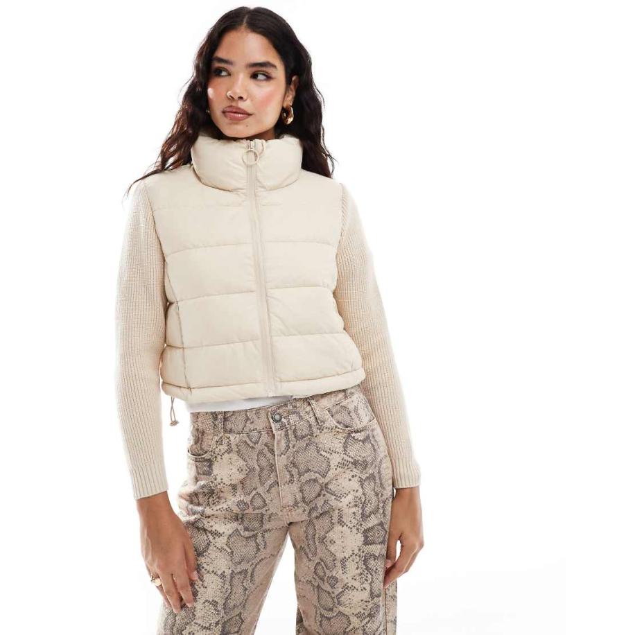 Stradivarius Gewatteerd jack met gebreide mouwen in beige-Neutraal Multicolor