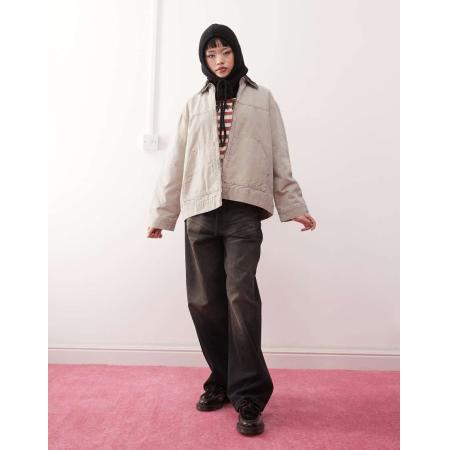 Monki Kort canvas jack met corduroy kraagje in beige-Neutraal