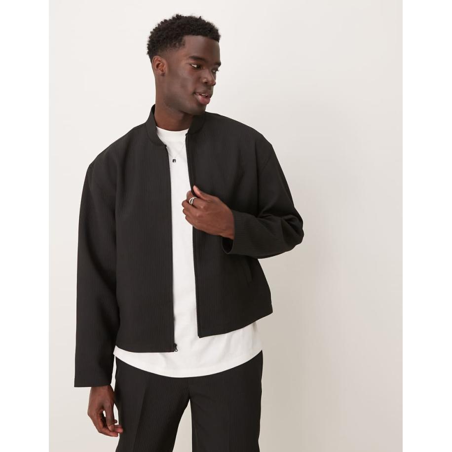 ASOS DESIGN - Net geribbeld bomberjack in zwart, deel van co-ord set Zwart