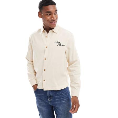 ASOS DESIGN - Recht denim overshirt met borduursel op de borst in ecru-Neutraal