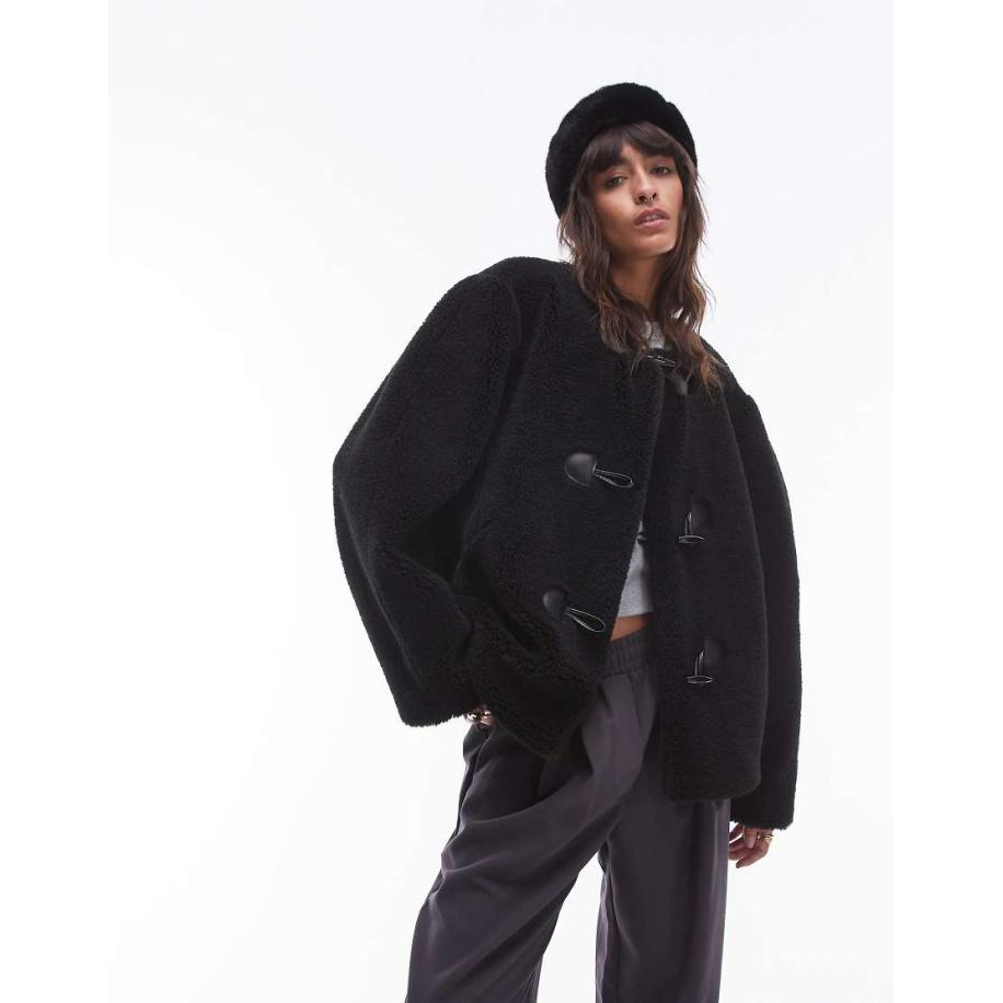Topshop Korte jas van borg zonder kraag in zwart Zwart