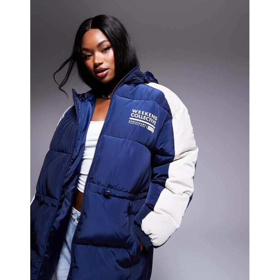 Weekend Collective Gewatteerde jas met trekkoord in de taille en logo in marineblauw en crème-Veelkleurig Multicolor