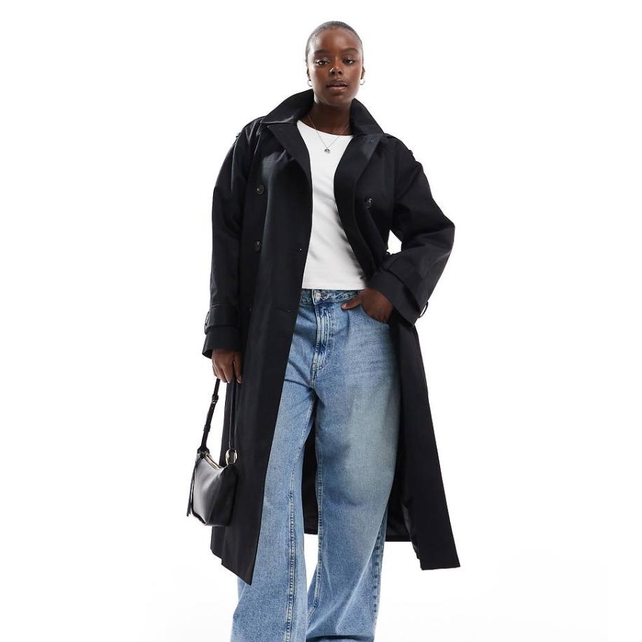 ASOS DESIGN Curve Lange trenchcoat in zwart Zwart