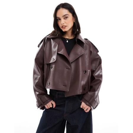 ASOS DESIGN Bomber-trenchcoat met leerlook in chocoladebruin