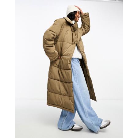 Y.A.S Gewatteerde lange jas met ceintuur in bruin