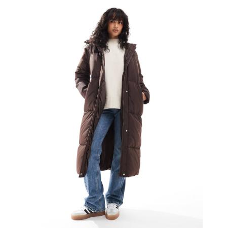 Threadbare Lange gewatteerde jas met capuchon in bruin