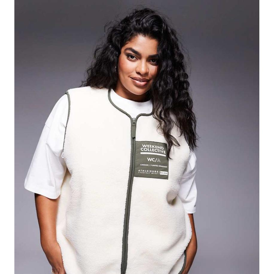 Weekend Collective Curve Bodywarmer van borg met nylon zak in crème en kaki-Veelkleurig Multicolor