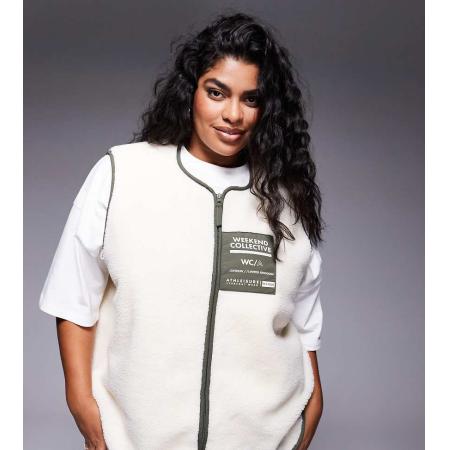 Weekend Collective Curve Bodywarmer van borg met nylon zak in crème en kaki-Veelkleurig