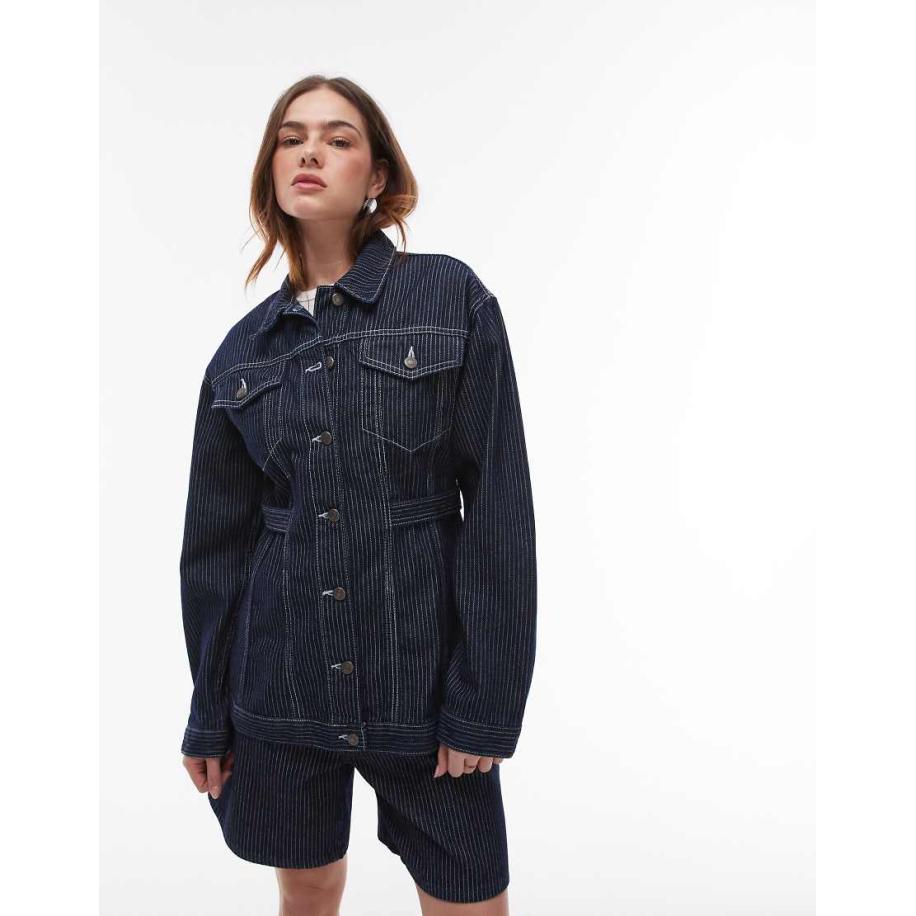 Topshop Gestreept denim jack met riempje in indigo-Blauw Blauw