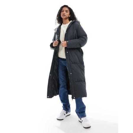 Threadbare Lange gewatteerde jas met capuchon in antraciet grijs