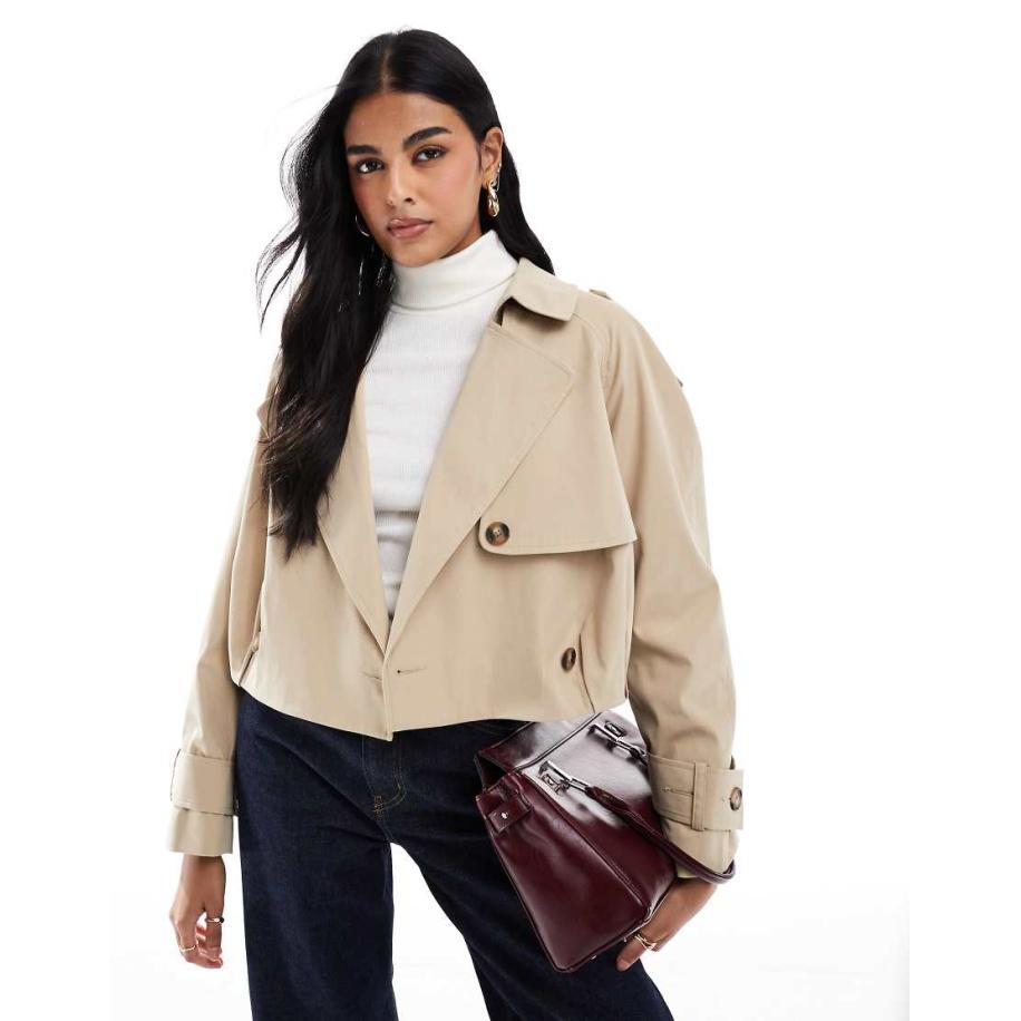 ASOS DESIGN Cropped trenchcoat met pofzoom in stone-Neutraal Multicolor