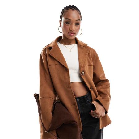 ASOS DESIGN Tall Jack van imitatiesuède met knoopsluiting aan de voorkant in lichtbruin