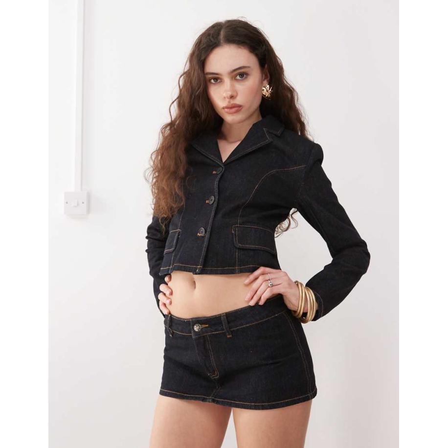 Lioness Cropped jack met knoopjes voor van denim met donkere wassing, deel van co-ord set-Blauw Blauw