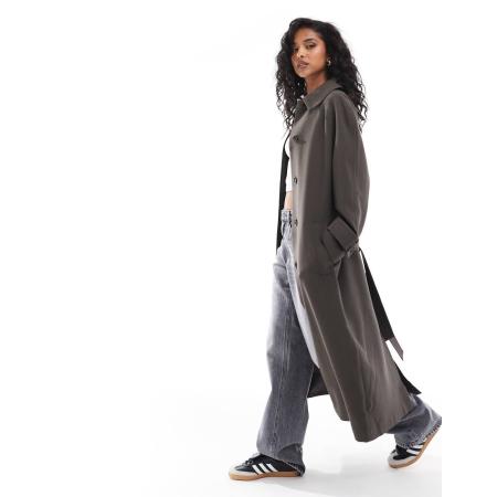ASOS DESIGN Elegante trenchcoat met lange pasvorm en kraagje in champignonkleur-Bruin
