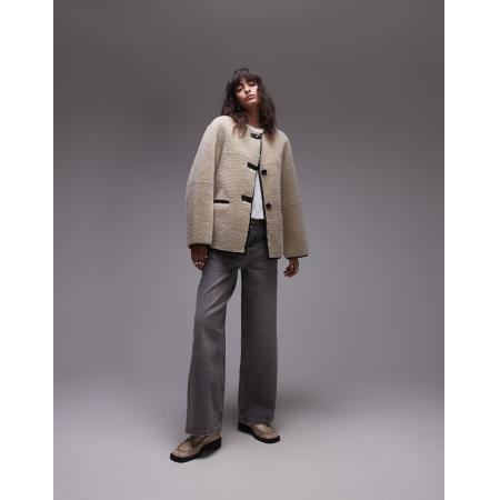 Mango Jack van imitatieschapenvacht zonder kraag in ecru met contrasterend detail-Neutraal