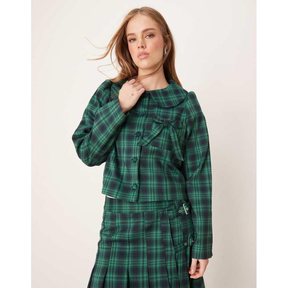 Neon Rose Cropped jack met Schotse ruit en strikdetail in marineblauw, deel van co-ord set Blauw