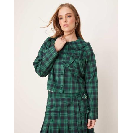 Neon Rose Cropped jack met Schotse ruit en strikdetail in marineblauw, deel van co-ord set