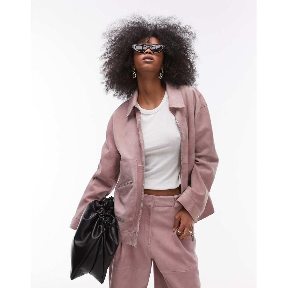 Topshop Premium Jack van echt suède met naaddetail in roze, deel van co-ord set Roze
