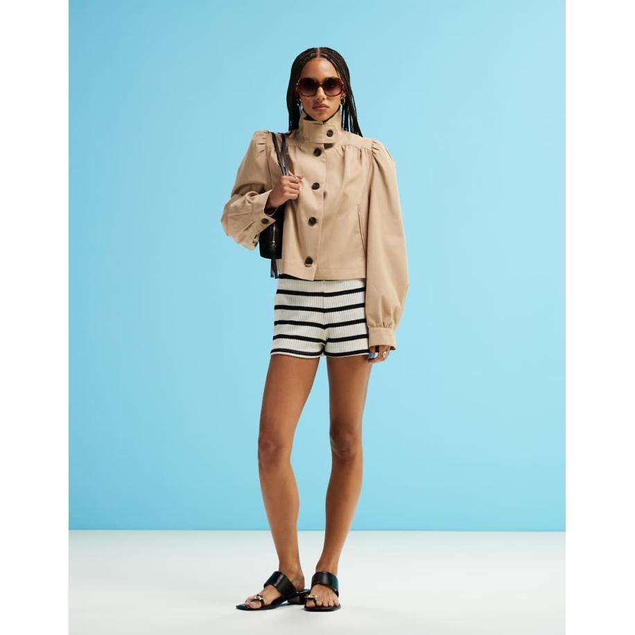 ASOS DESIGN Cropped trenchcoat met pofmouwen in stone-Neutraal Multicolor