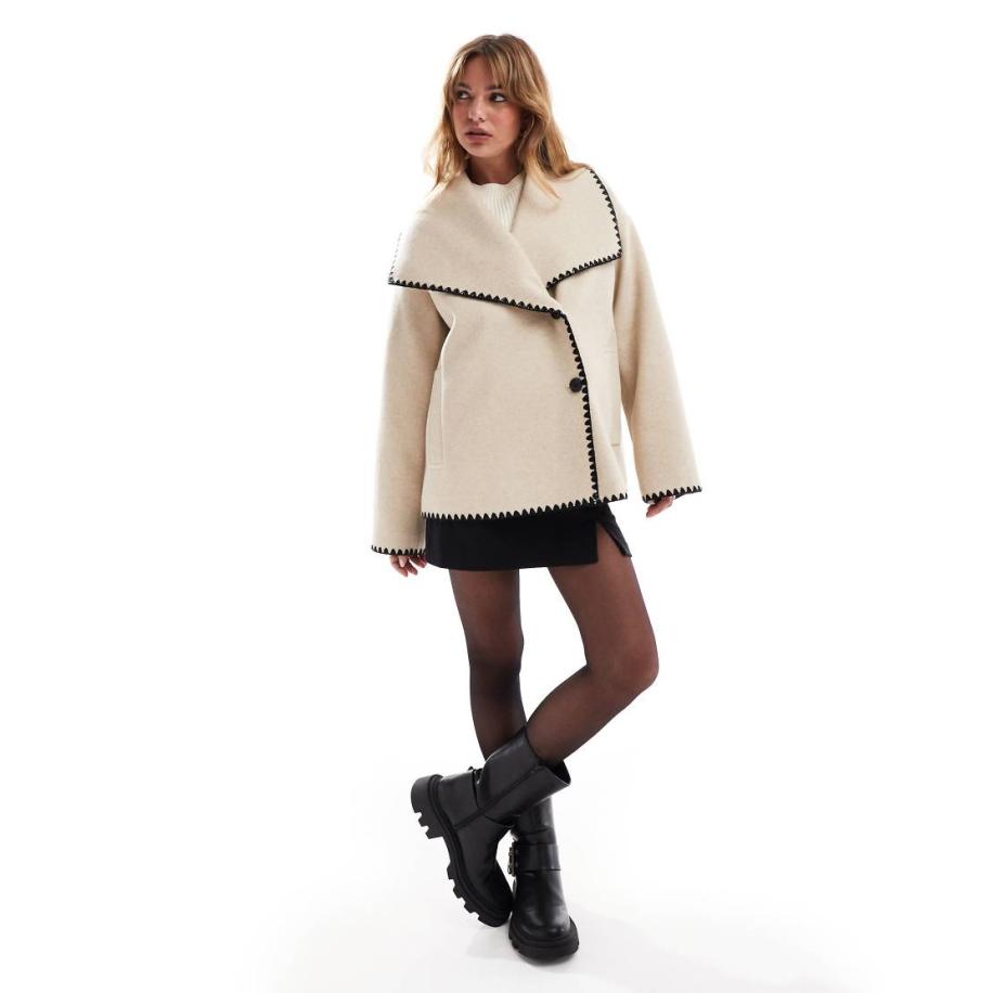 4th & Reckless Jack met wollook, oversized revers en contrasterende stiksels in camel-Neutraal Multicolor