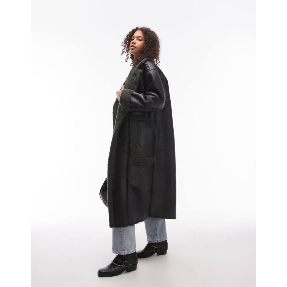 Topshop Oversized jas met lange pasvorm in zwart en groen-Brown Bruin