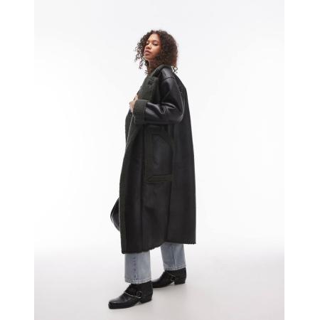 Topshop Oversized jas met lange pasvorm in zwart en groen-Brown
