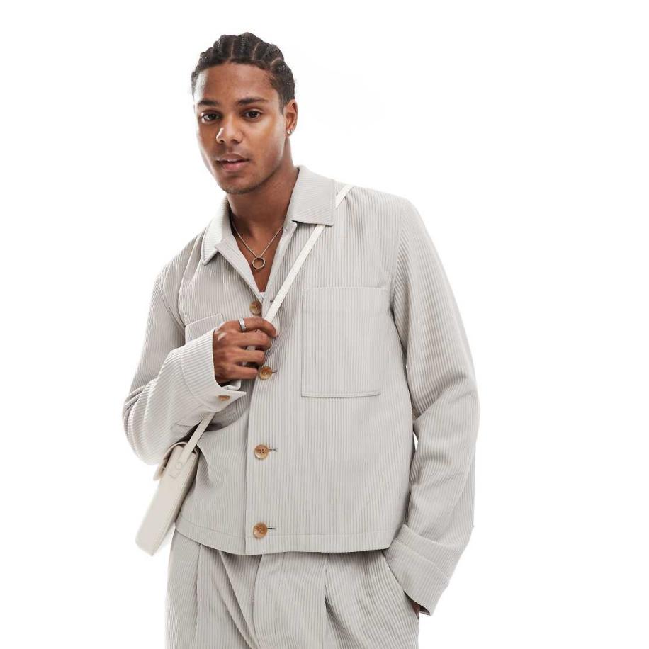 ASOS DESIGN - Nette shacket met geribbelde textuur in stone, deel van co-ord set-Neutraal Multicolor