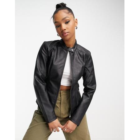 JDY Kraagloos jack van imitatieleer in zwart