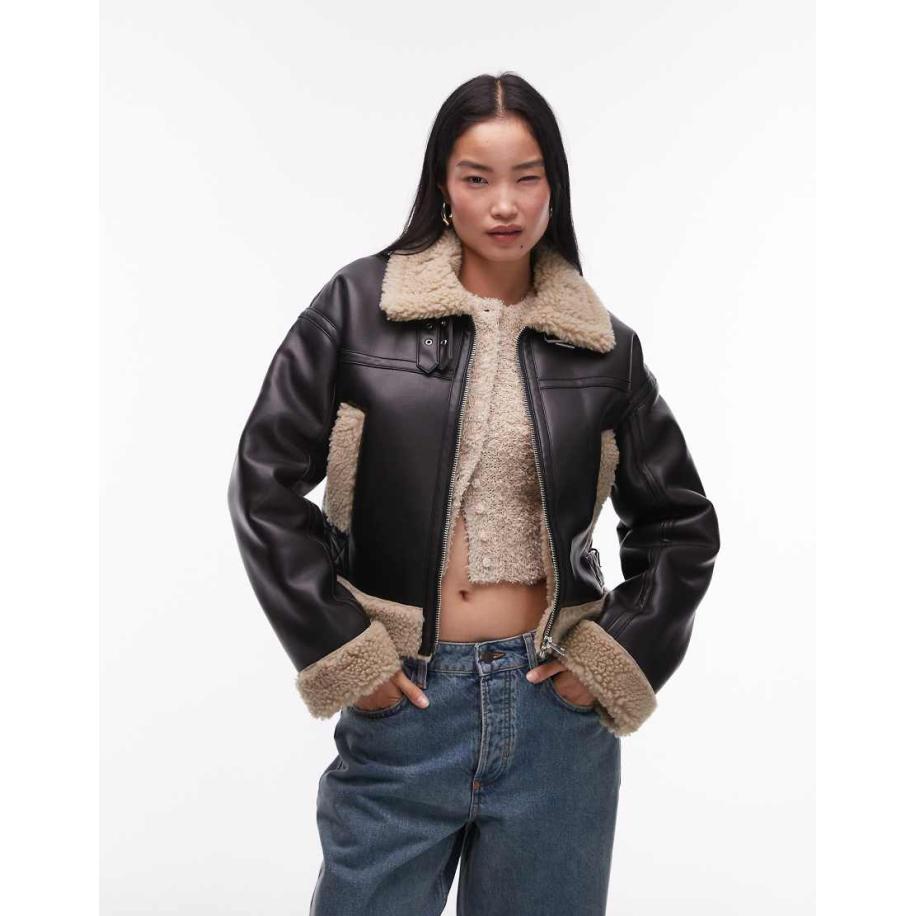 Topshop Aansluitend pilotenjack van imitatieleer met imitatieschapenvacht in zwart Zwart