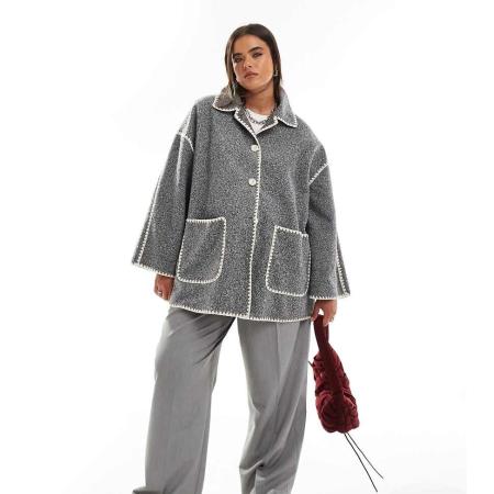 In The Style Plus Jack met wollook, lange pasvorm en contrasterend stiksel in grijs