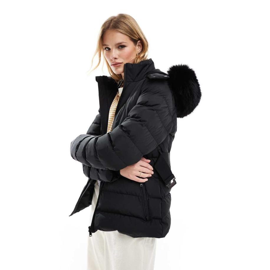 Threadbare Ski-jack met capuchon en riem in zwart Zwart