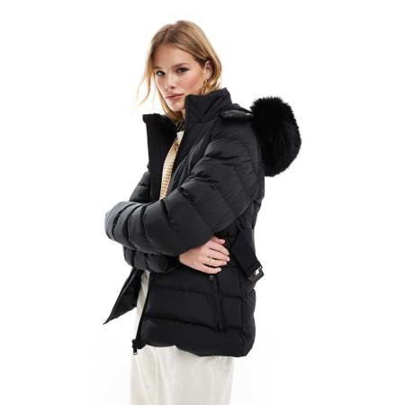 Threadbare Ski-jack met capuchon en riem in zwart