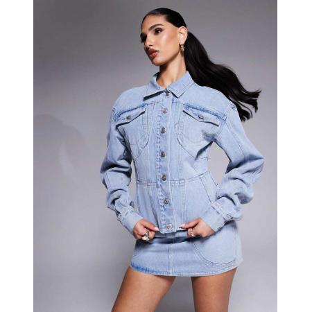 Wander Doll Alix Getailleerd denim jack met siernaden in lichtblauwe wassing, deel van co-ord set